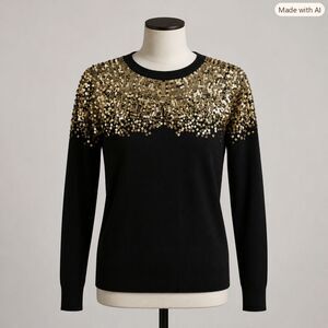 Boston Proper Black Gold Sequin Mock Turtleneck Sweater | Size XXS | Like New